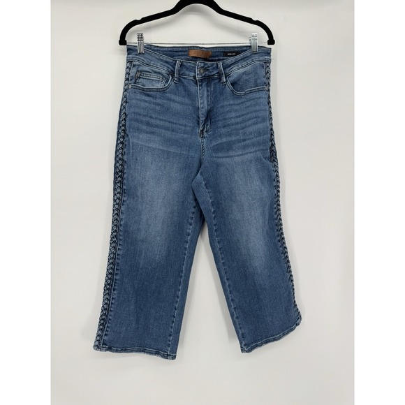 JUDY BLUE High Waist Side Braid Detail Crop Wide Leg Jeans 14W Western Boho - Picture 2 of 9